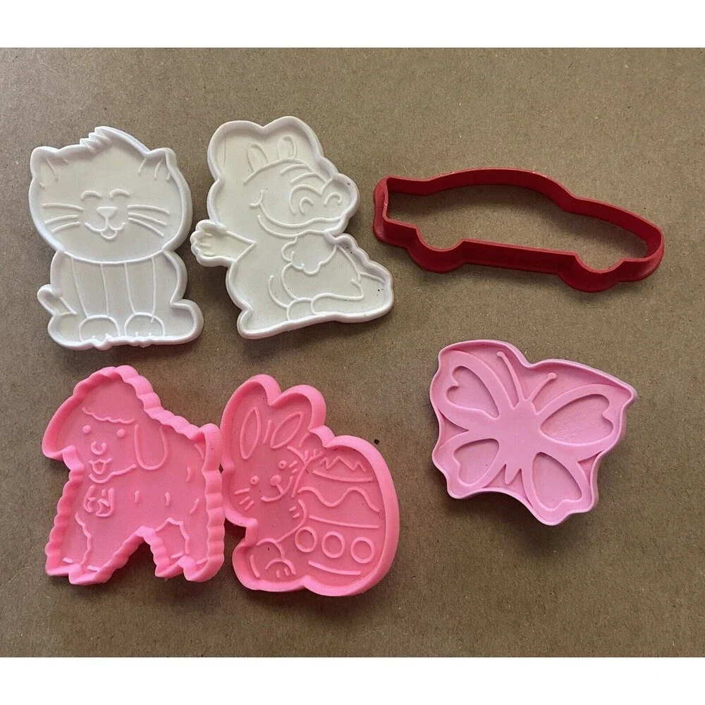 Plastic Cookie Cutters Cat Butterfly Dinosaur Car and more 6 pc lot